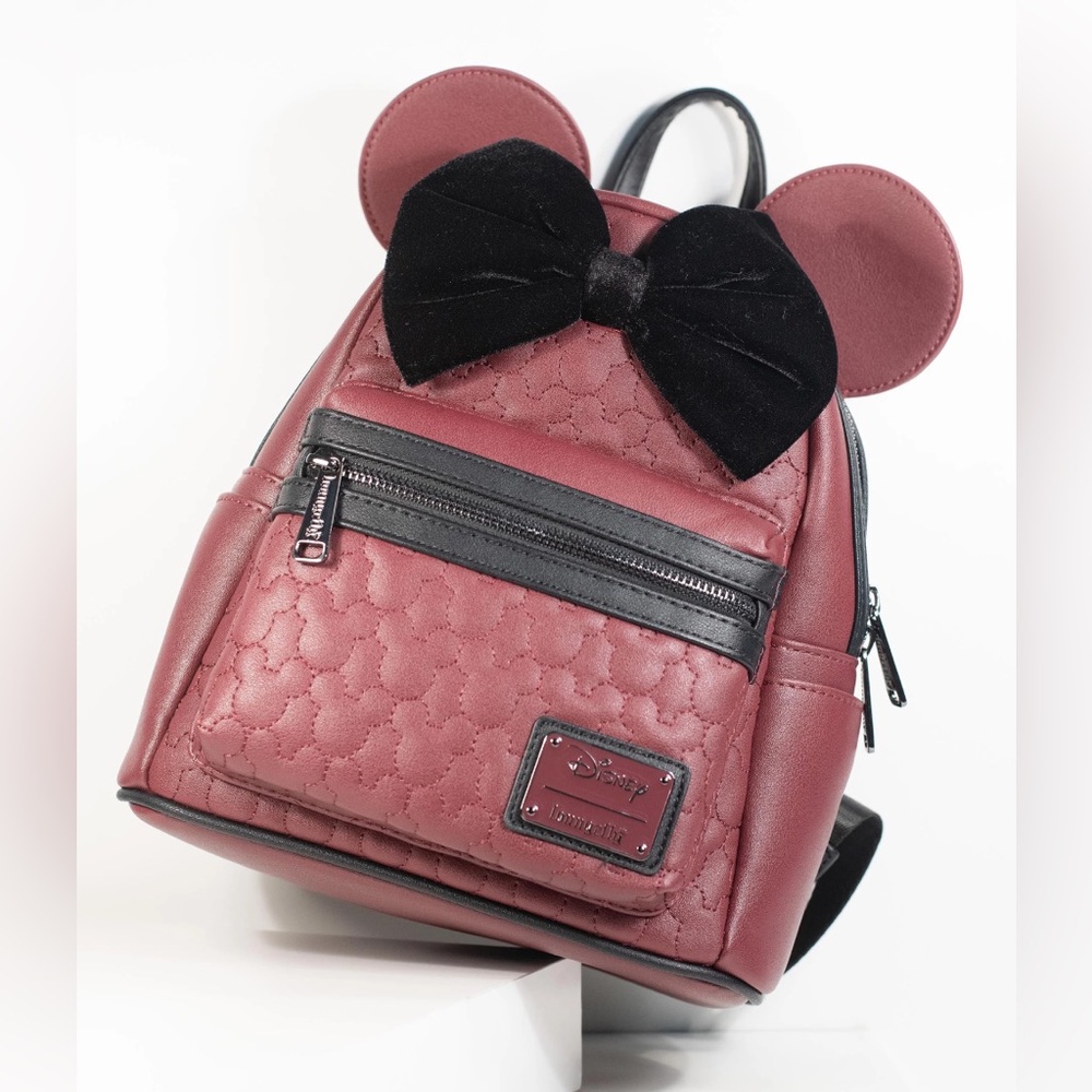 LOUNGEFLY Disney Minnie Mouse Quilted Velvet Bow Mini Backpack